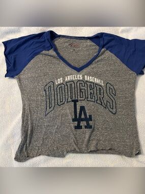 Los Angeles Dodgers Ladies Raglan V-Neck Tee - Gray & Blue